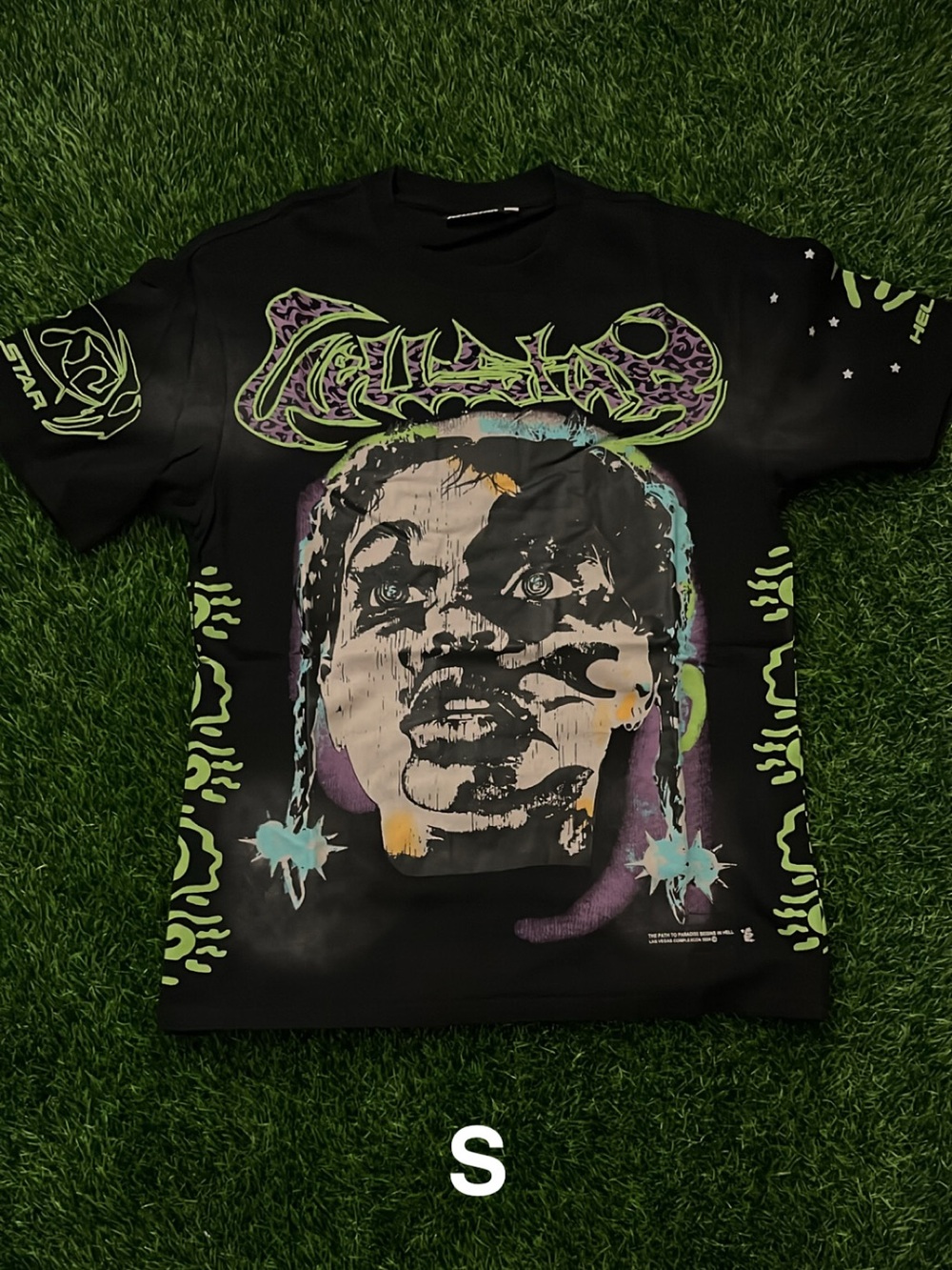 Black Graphic Hellstar Face Print Tee with Neon Accents